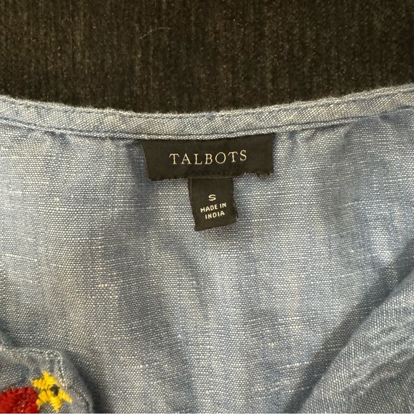 Talbots Sz S Darling Boho Folk Bird Embroidered Chambray Linen Blouse Shirt Top - Picture 10 of 12